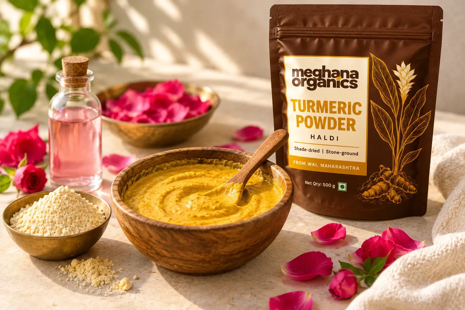 A wooden bowl of ubtan paste with gram flour, rose petals and rose water